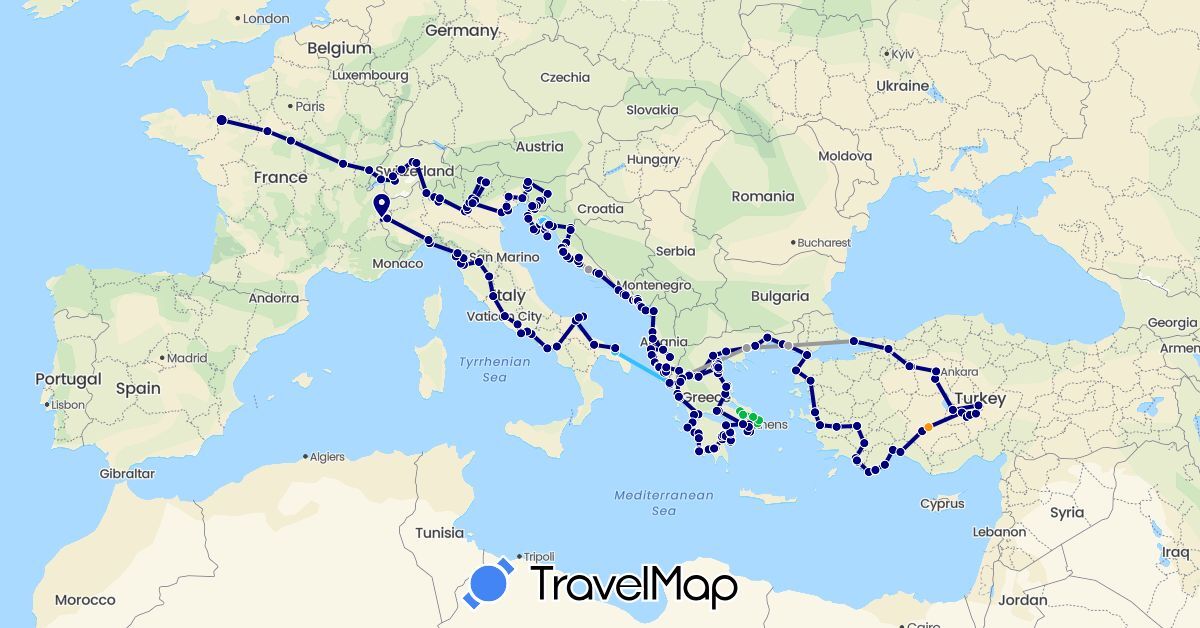 TravelMap itinerary: driving, bus, plane, boat, hitchhiking in Albania, Switzerland, France, Greece, Croatia, Italy, Montenegro, Slovenia, Turkey (Asia, Europe)